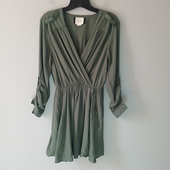 Maeve Dresses & Skirts - Maeve Women's Size XS Olive Green Faux Wrap Midi Dress Zip Pockets Roll-Tab